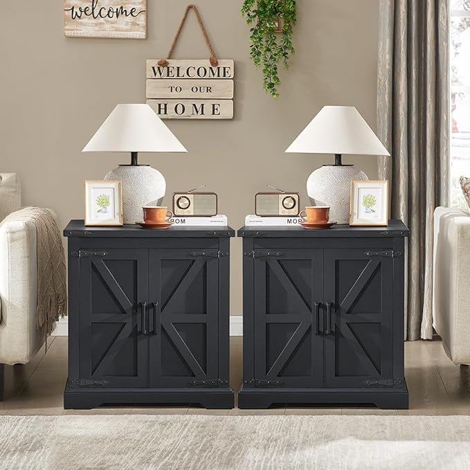 Barnyatoh Farmhouse End Table with Charging Station,24" Large Side Table with Barn Door, Rustic Wood Square Nightstand Bedside Table with Adjustable Storage Shelf for Living Room, Bedroom,Black 2-Pack