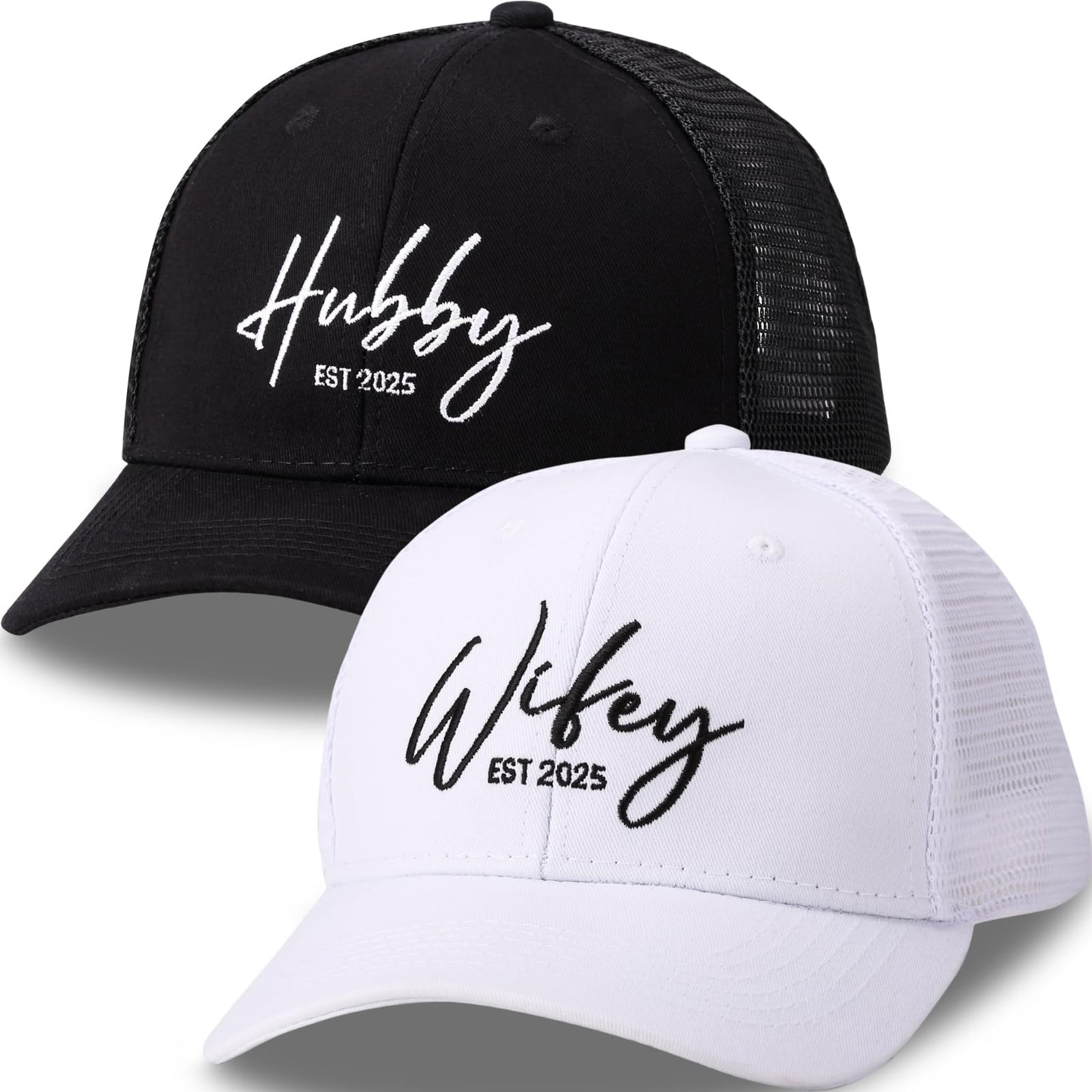 Hubby & Wifey EST 2025 Hats for Newlywed Couple -Embroidered Matching Hats for Women Men, Unique Gift for Wedding, Engagement, Bridal Shower White