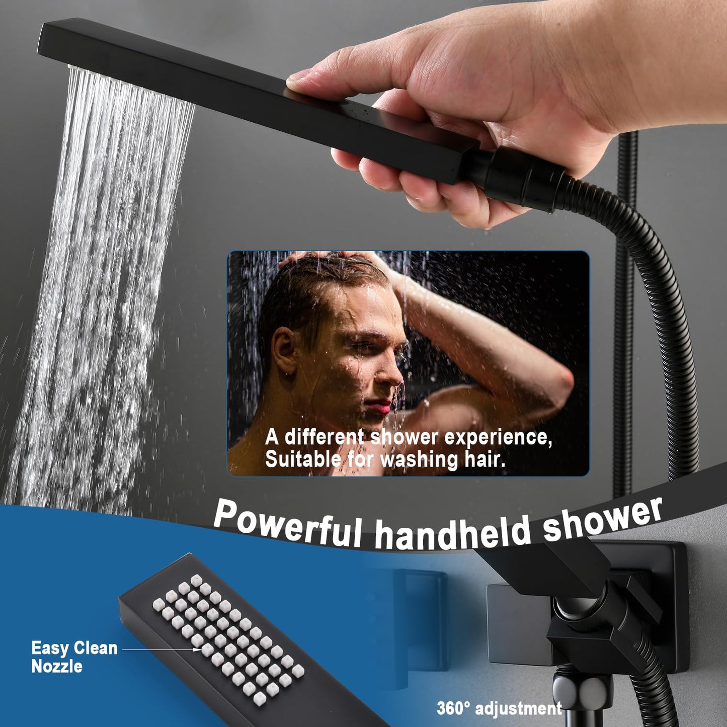 Enga 12 Inch Ceiling Mount Matte Black Shower System with Body Jets Bathroom Luxury Rain Mixer Shower Combo Set Ceiling Rainfall Shower Jets System Faucet Rough-in Valve and Trim Included