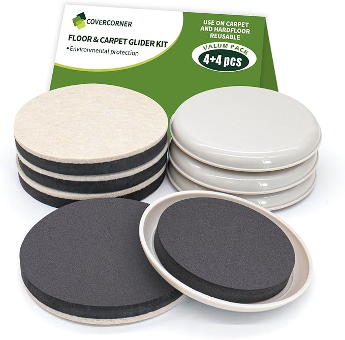 COVERCORNER Furniture Sliders for Hardwood Floors, Furniture Sliders for Carpeted Floors, 8 PCS 4 3/4 inch Combo Pack, Sliders for Moving Furniture, Furniture Movers Sliders