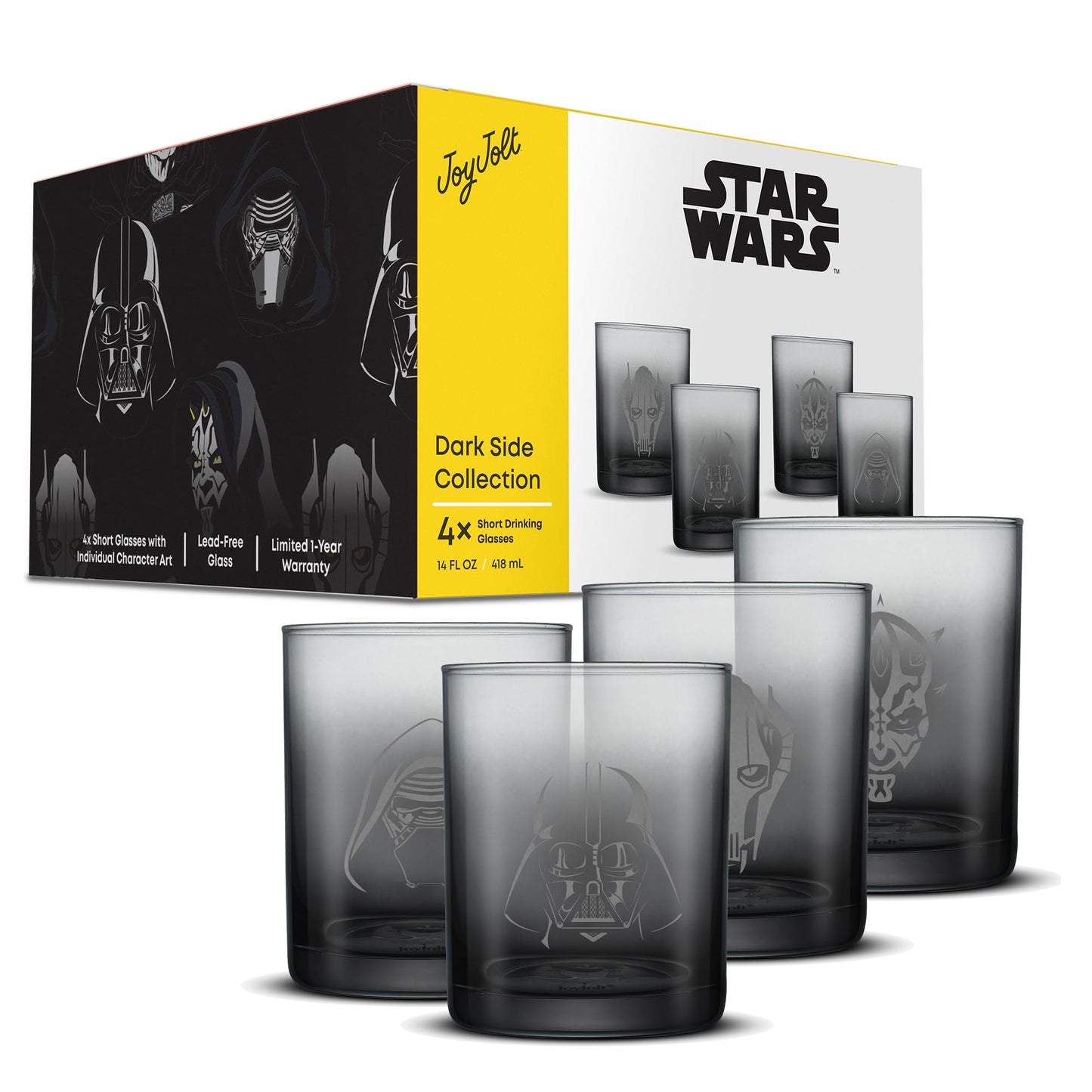 JoyJolt Star Wars Dark Side Drinking Glasses Set of 4, 14oz Short Glass Cups, Lowball Glass Tumbler Set ft Darth Vader Darth Maul Kylo Ren and General Grievous, Star Wars Stuff