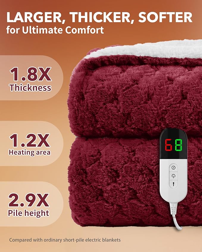 Homemate Electric Heated Throw Blanket - 50"x60" Luxury Faux Fur Heating Bed Blankets with 10 Heating Levels 8 Hours Auto Off Fast Heating Over-Heated Protection Ultra Soft Warm Flannel ETL Certified