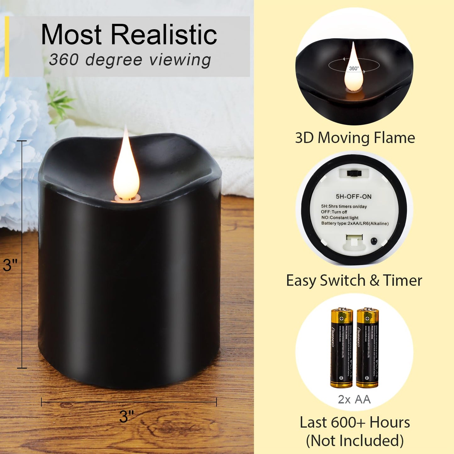 TECHLONG Black Flameless LED Candles, Halloween Candles Battery Operated with Remote Timer, 3D Moving Flame Flickering Last 600+ Hours, 3" x 3" Real Wax Electric Candle for Gothic Home Decor