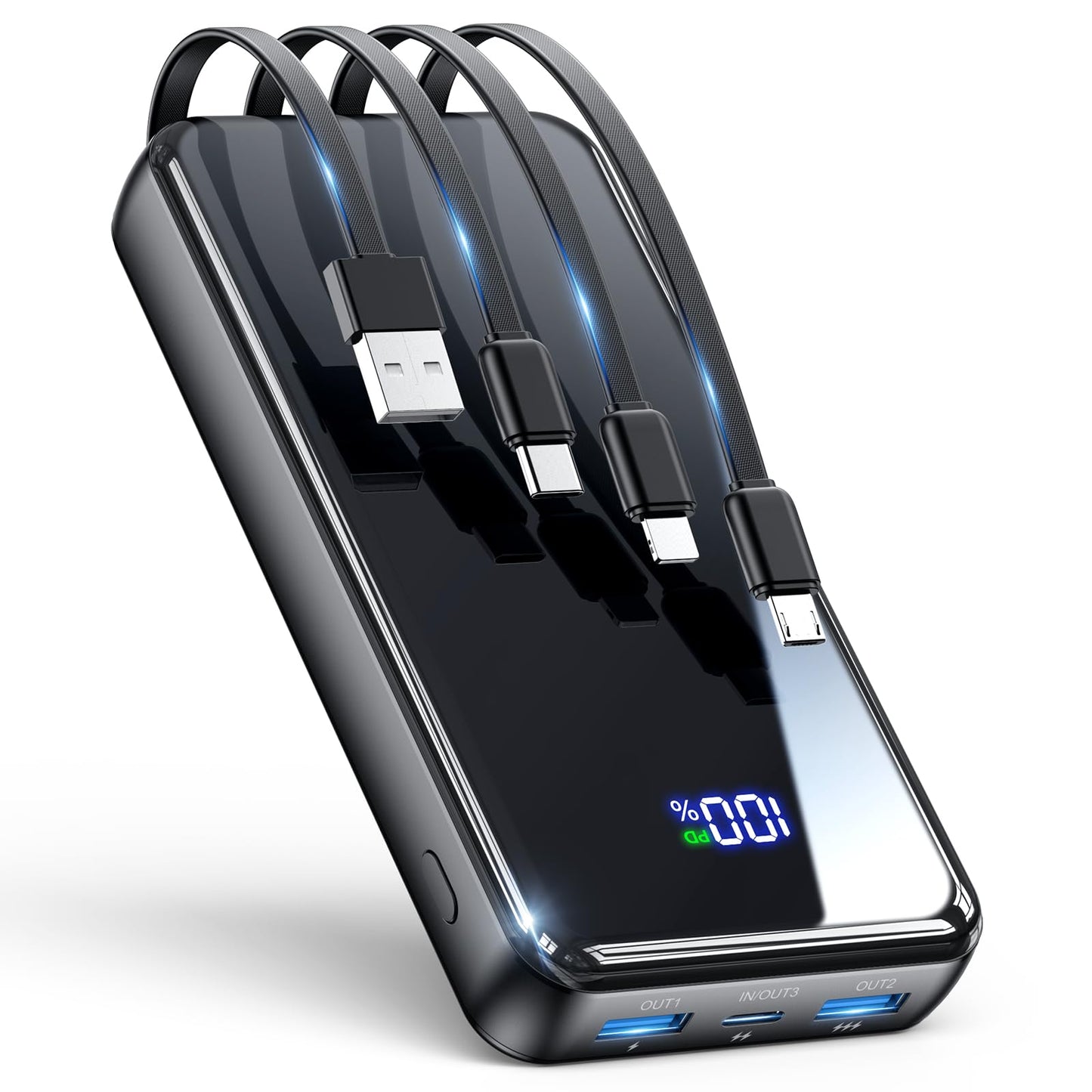 Portable Charger,42800mAh Power Bank Built-in Cable,22.5W PD USB C in & Out Fast Charging, External Battery Pack 6 Output & 2 Input, Travel Phone Charger for iPhone 16/15/14/13/12, Android (Black)