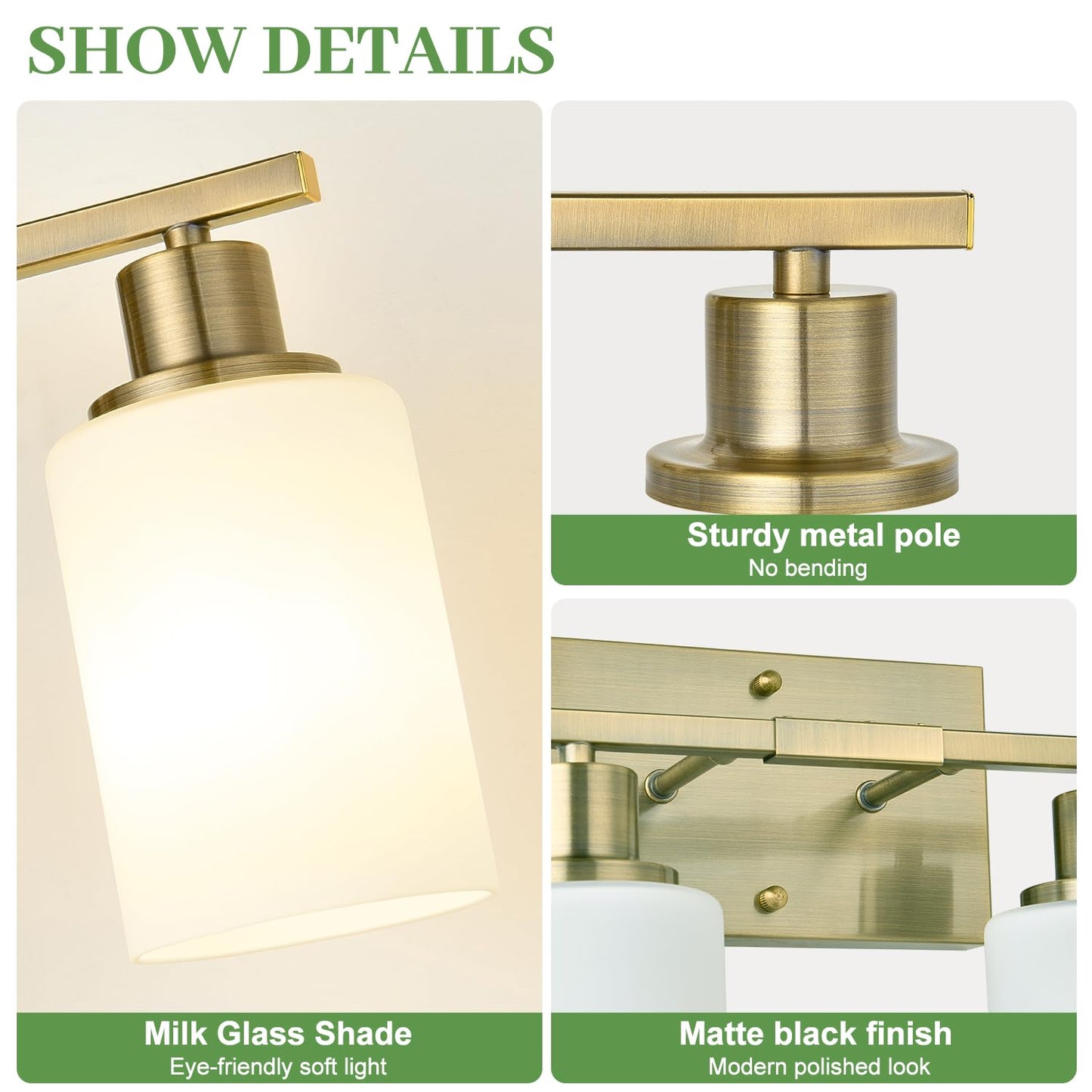 MOKATNG 4-Light Bathroom Light Fixtures, Aged Brass Vanity Light with Milky White Shades, Bathroom Lighting Fixtures Over Mirror, Modern Bathroom Wall Lamp for Mirror Living Room Cabinet Bedroom