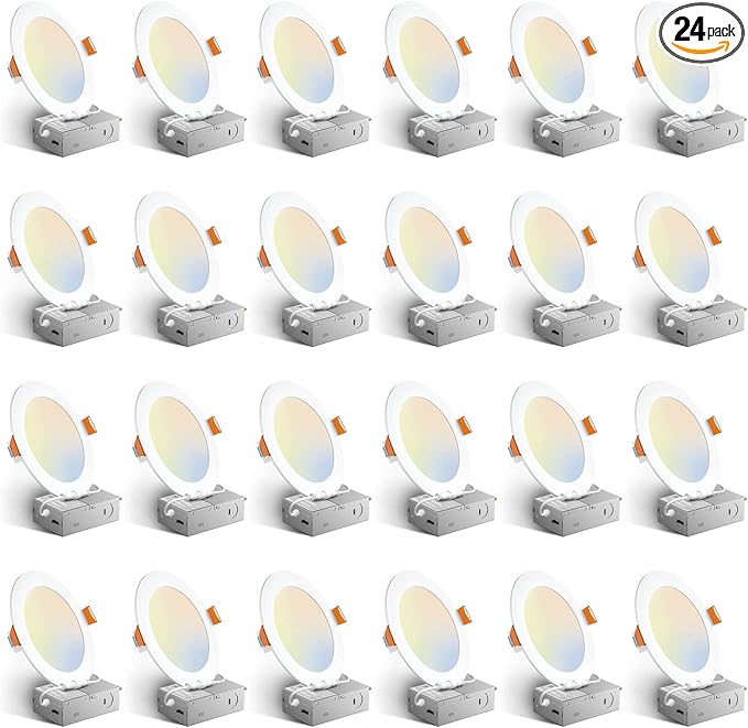 Amico 24 Pack 6 Inch 5CCT Ultra-Thin LED Recessed Ceiling Light with Junction Box, 1050LM Brightness, Dimmable Canless Waf...