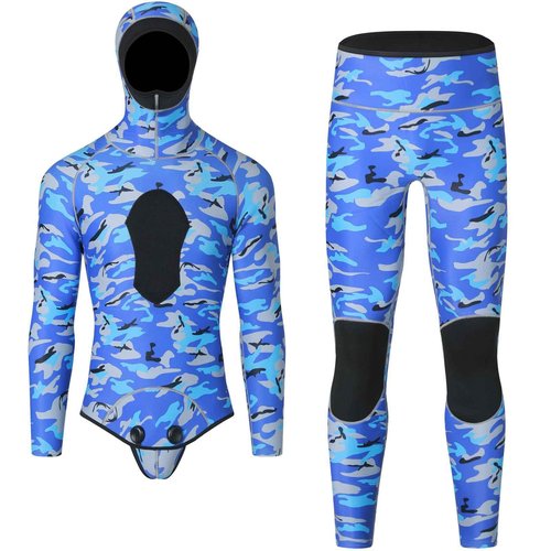 NVKIC Mens Wetsuit 3mm Neoprene Stretch Camouflage Printing Snorkeling 2-Pieces Hooded Diving Suits Blue Color XXL
