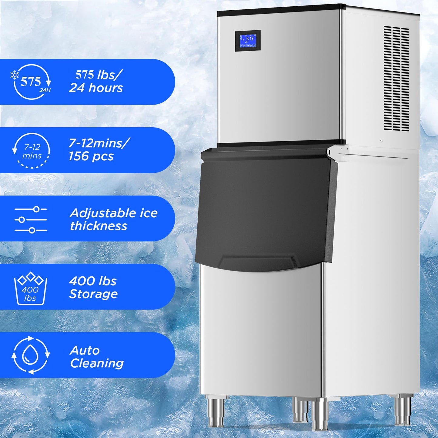 Commercial Ice Maker Machine 575Lbs/24H with 400LBS Large Storage Bin Ice Ready in Air Cooled Clear Cube Ice for Bar Business Cafe (575 Lbs/24H)
