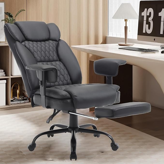Reclining Office Chair with Footrest, 400Lb Big and Tall Office Chair with Lumbar Support, Pu Leather Recliner Office Desk Chairs with Wheels High Back Ergonomic Computer Desk Chair for Adult,Black