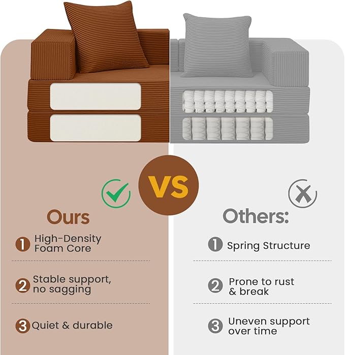 COMAX Futon Sofa Bed, 4‑in‑1 Convertible Sofa Bed, Folding Boneless Couches for Living Room, Fold Out Small Foldable Loveseat Floor Sleeper Comfy Mattress Lounge Space‑Saving, Orange