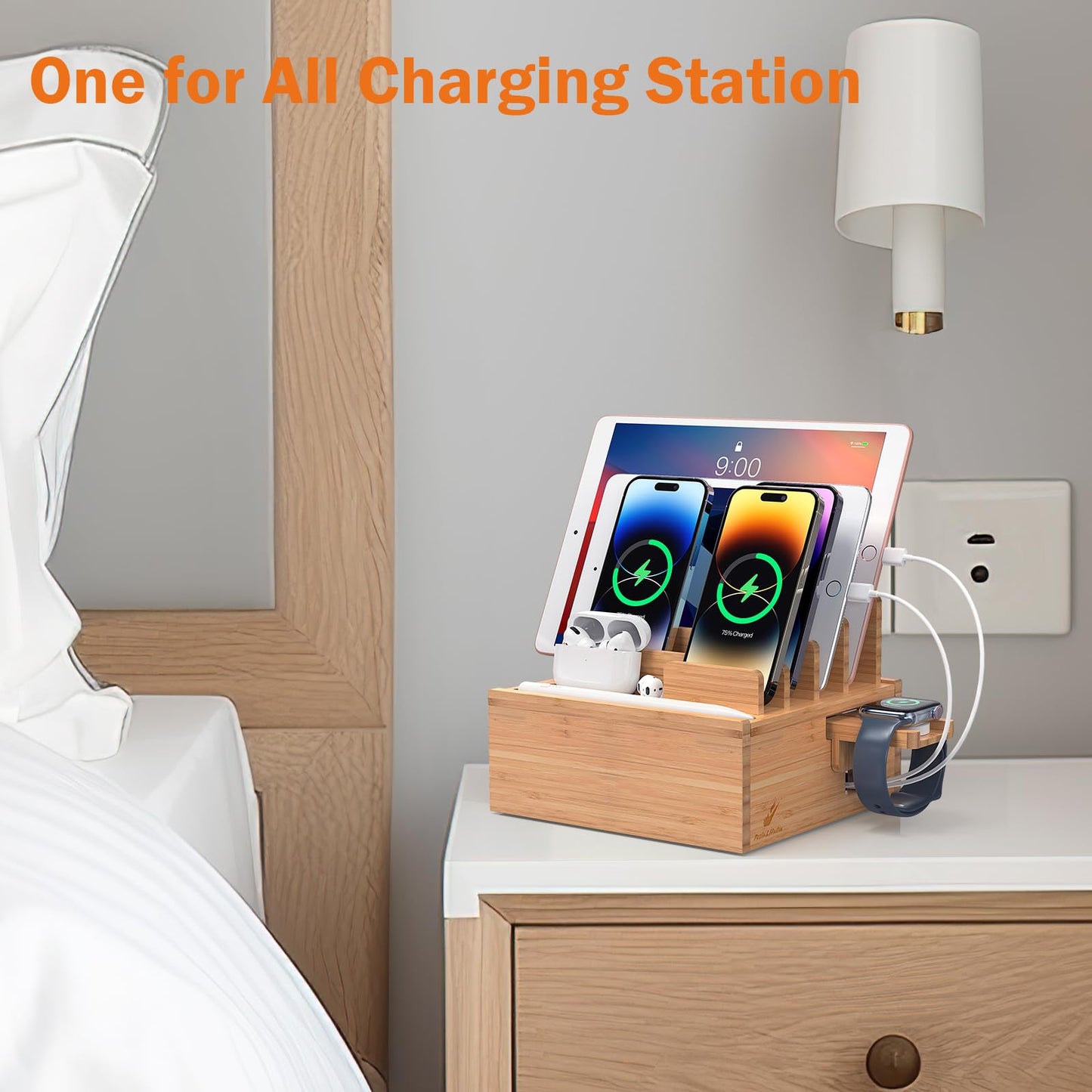 Pezin & Hulin Desktop Usb Charging Station With Bamboo Charging Station, Desktop Charger Block, Compatible With Tablet, Cell Pho
