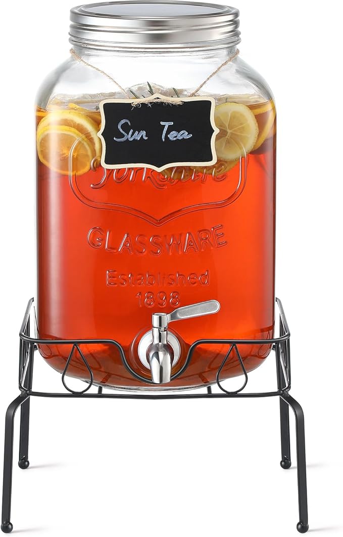 2 Gallon Glass Beverage Dispenser with Stand and Lid, 18/8 Stainless Steel Spigot - Glass Drink Dispensers for Parties - M...