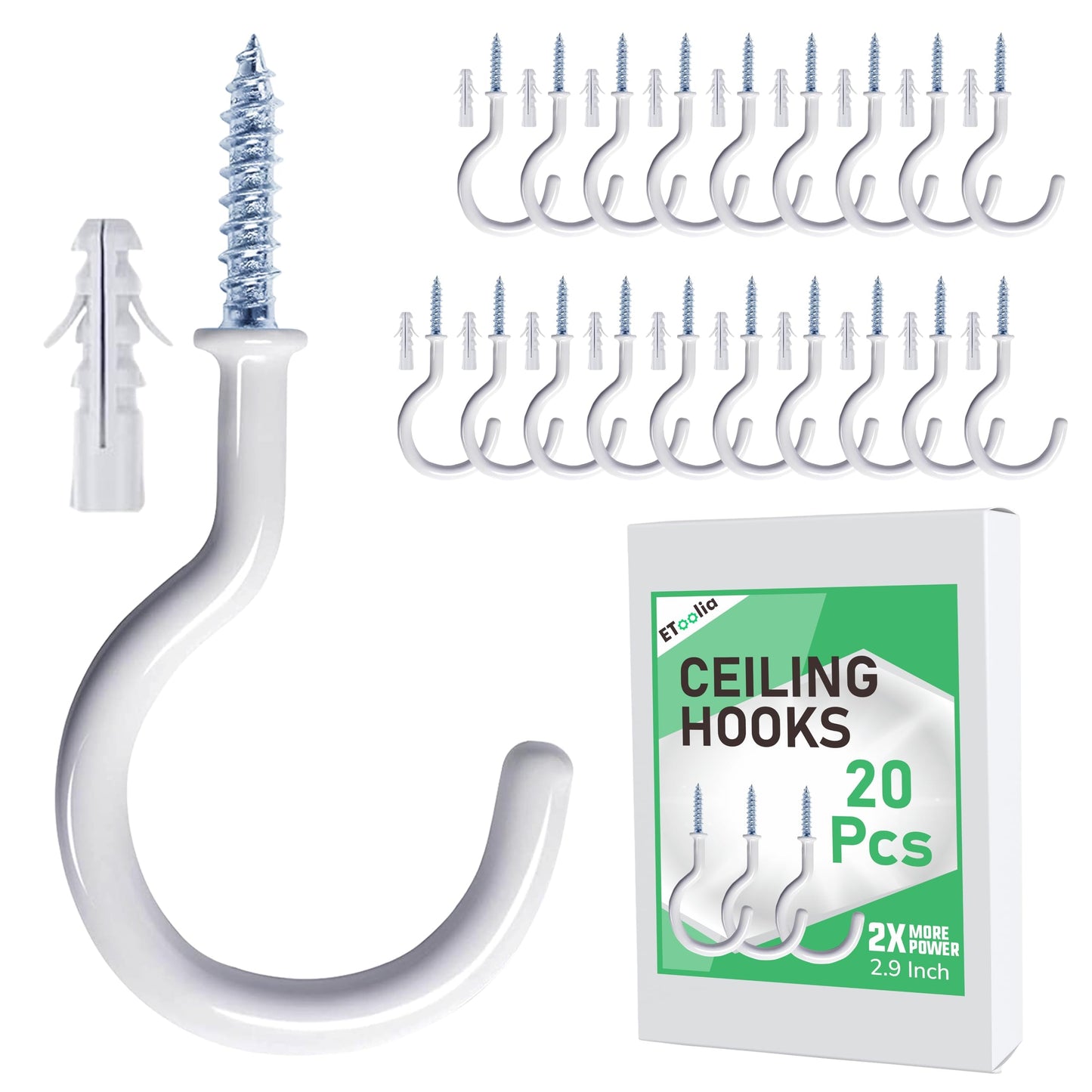 Etoolia 20 Pcs Ceiling Hooks for Hanging Plants - 2.9 inches Heavy Duty, Hanging Hooks for Christmas Lights, Cups, Decors - White Vinyl Coated Screw in Plant Hanger Hook Indoor and Outdoor