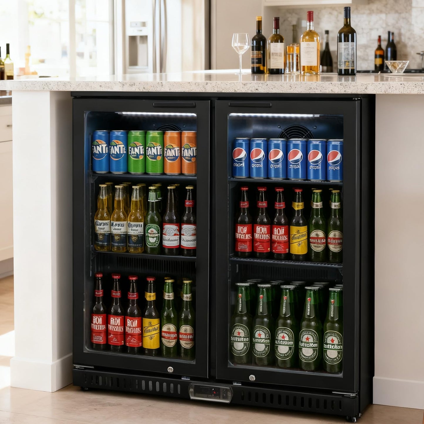 Bluelinecool Commercial Back Bar Cooler with 2 Glass Doors, 7.4 cu.ft Under Counter Beverage Refrigerator, LED Lighting - ETL Certified Beer and Wine Cooler for Bar, Restaurant, Garage, Office, Home