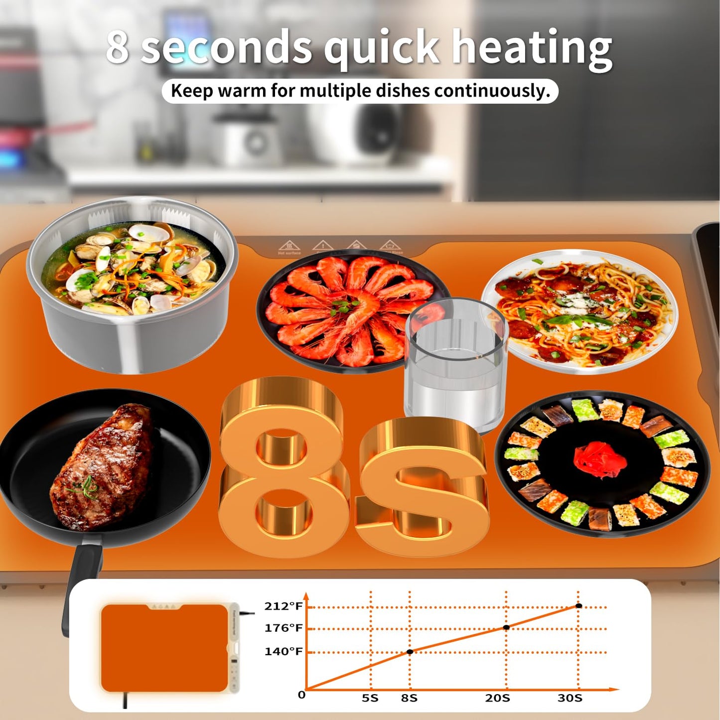 Electric Warming Tray&Food Warming MatFast Full Surface Electric Warming Tray with 7 Temp-Settings & 8H Timer, Portable Roll Up Food Warmer for Gatherings (Grey, 24''X15'')