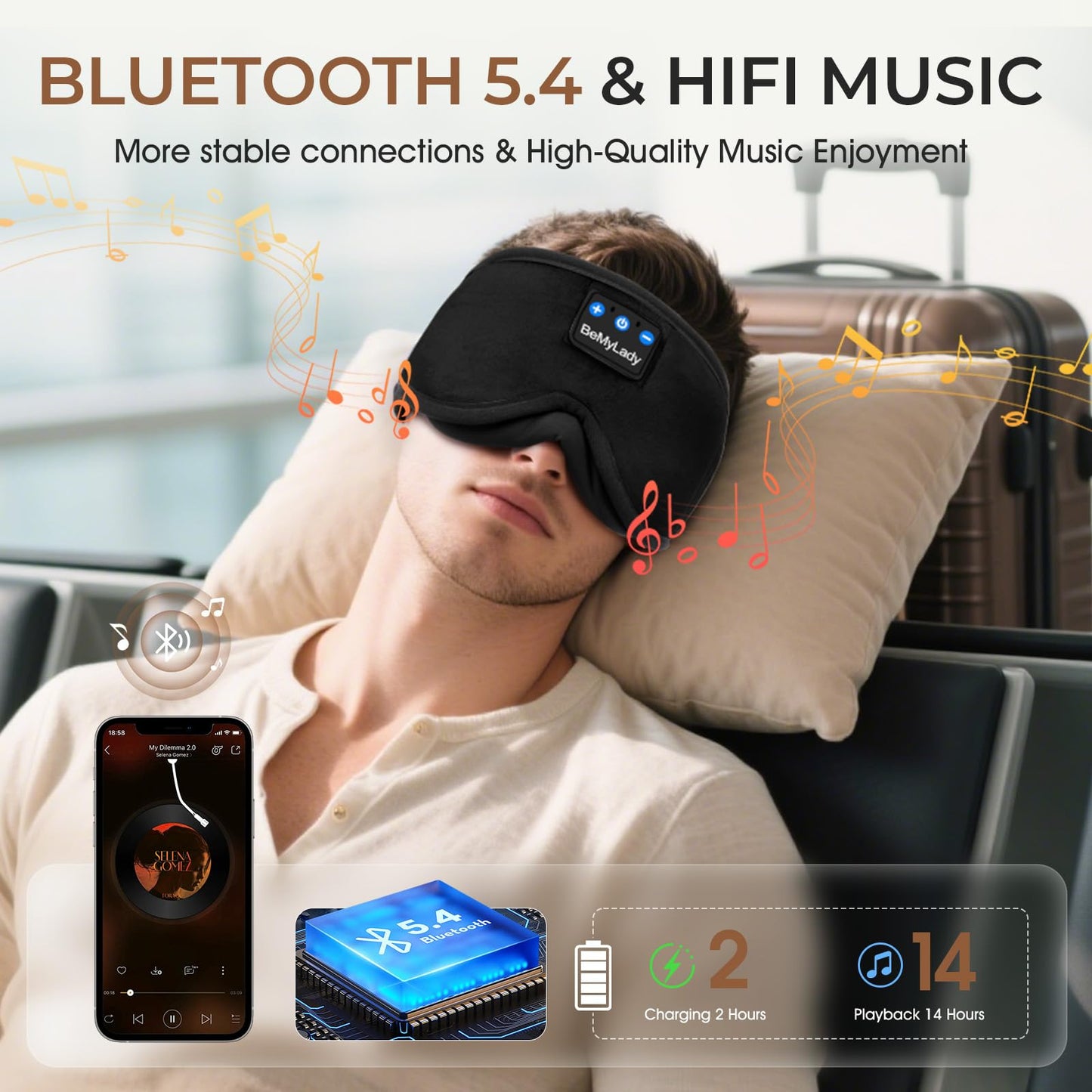 BeMyLady Sleep mask Headphones,100% Blackout 3D Zero Eye Pressure Bluetooth Sleep mask Breathable Eye mask with Bluetooth Headphones Sleep Headphones for Side Sleepers 14H Playtime&Bluetooth 5.4 Black