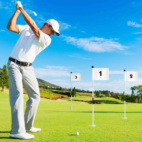 Lenwen 6 Set Golf Flagstick Golf Pin Flag Hole Cup Set Putting Green Flag and Poles Nylon Practice Portable 2 Section Design Putting Green Gifts for Yard Backyard Garden Driving Range(White)