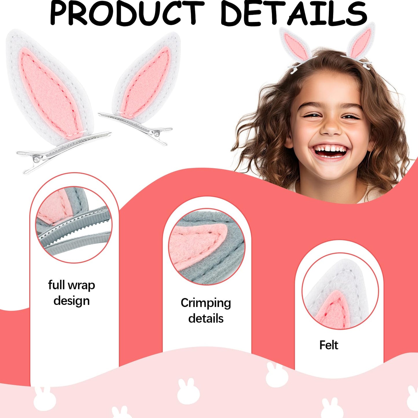 16 Pcs Bunny Ear Hair Clips Rabbit Ears, Toddlers Animal Hair Pins Easter Hair Accessories for Girls Hair Clips Kids Costume Par