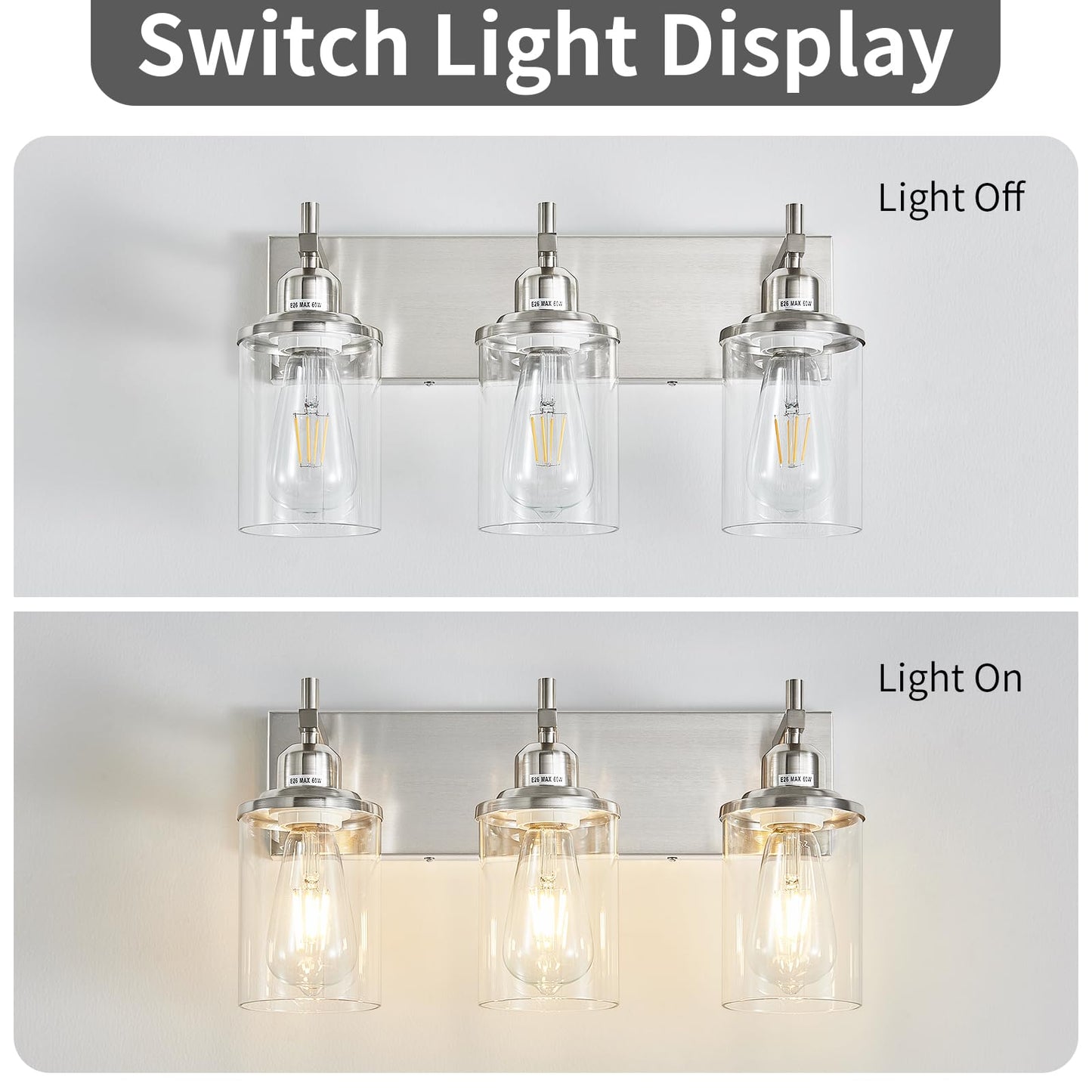 Lanhall 3-Light Brushed Nickel Bathroom Light Fixture Over Mirror Modern Bathroom Vanity Light Vintage Wall Lighting with Clear Glass Shade for Bathroom, Bedroom, Hallway, Cabinet