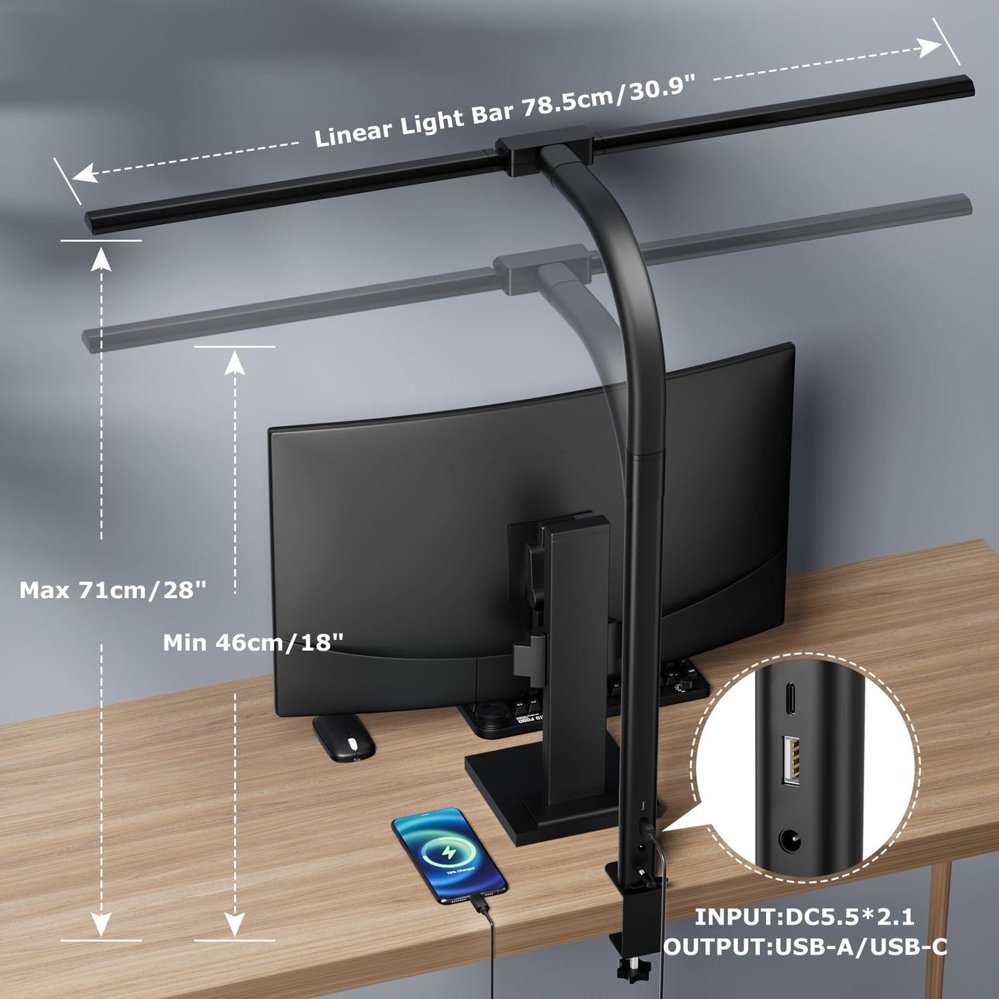 Desk lamp,LED Desk Lamps for Home Office,24W-Eye-Caring Computer Desk Lamp with Clamp,Architect Lamp with Flexible Gooseneck,LED Table Light for Reading,Dimmable Monitor Table Lamp,Double Head