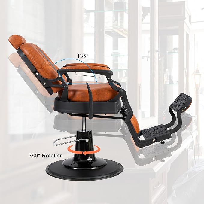 Winado Heavy Duty Vintage Recline Barber Chair Hydraulic with Headrest, Supports up to 700lbs & 360° Rotatable, Professional Salon Beauty Spa Shampoo Equipment (Brown - Square Backrest)