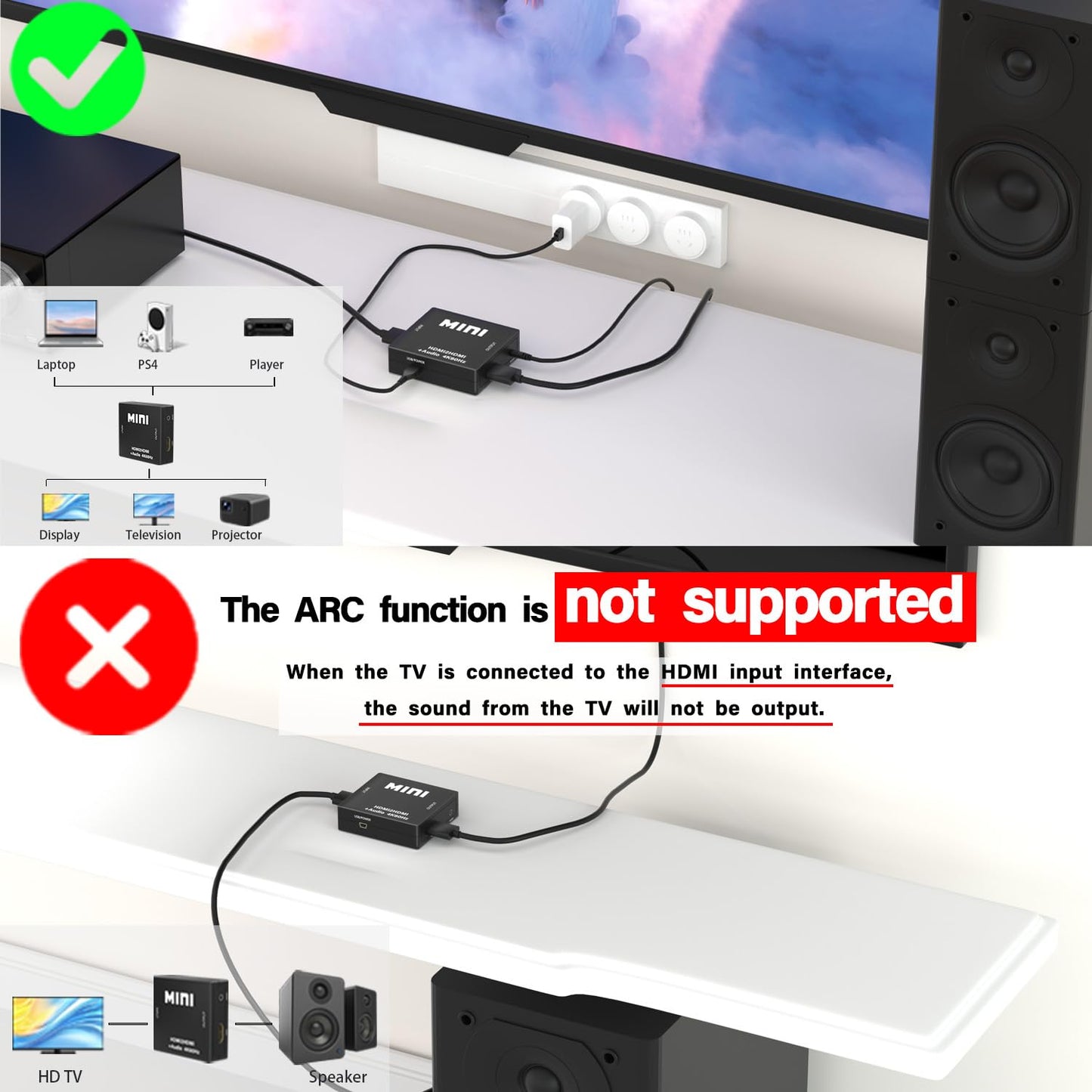 HDMI Audio Extractor Splitter,HDMI to 3.5mm Audio Adapter, 4K*2K@30HZ, 3D, 1080P Compatible for TV, PC, Sound System, Xbox, Switch, PS3, PS4, PS5