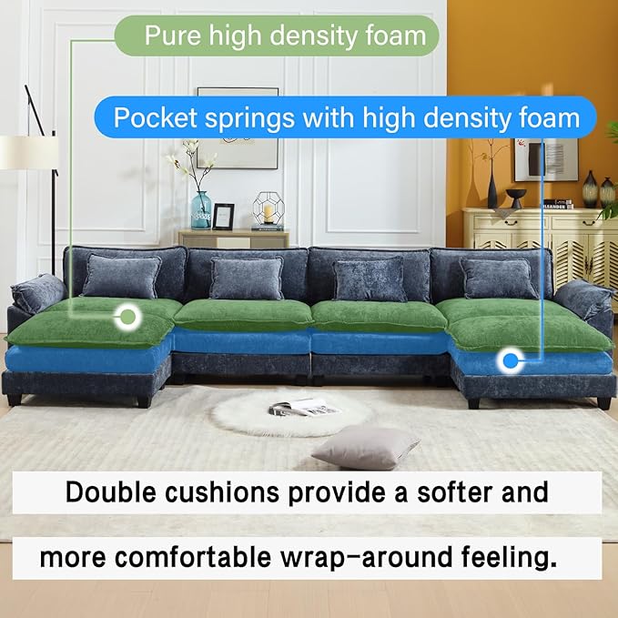 Oprisen 154" Modular Sectional Sofa, Comfy Cloud Couch Sectional Sofa with Ottoman, Chenille Sofa Sleeper Deep Seat Sofa with Throw Pillows for Living Room (Blue, 154"- U Shape)