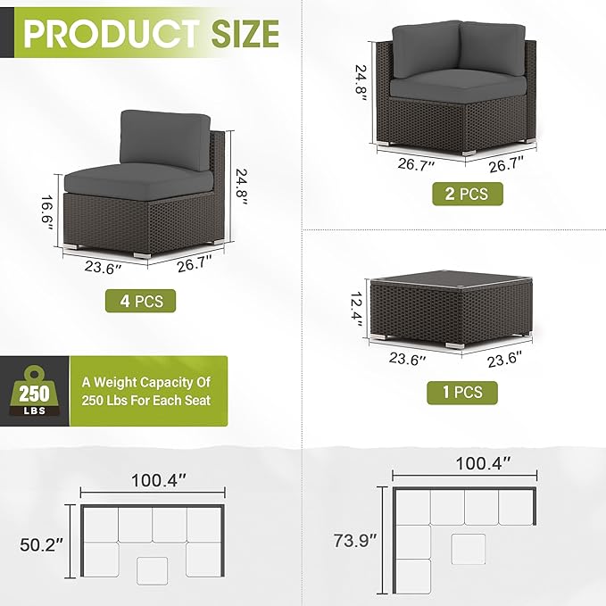 Crownland 7-Piece Outdoor Patio Furniture Sets, All-Weather Black Wicker Rattan Sectional Sofa, Modern Glass Coffee Table and Washable Seat Cushion with YKK Zipper (Grey)