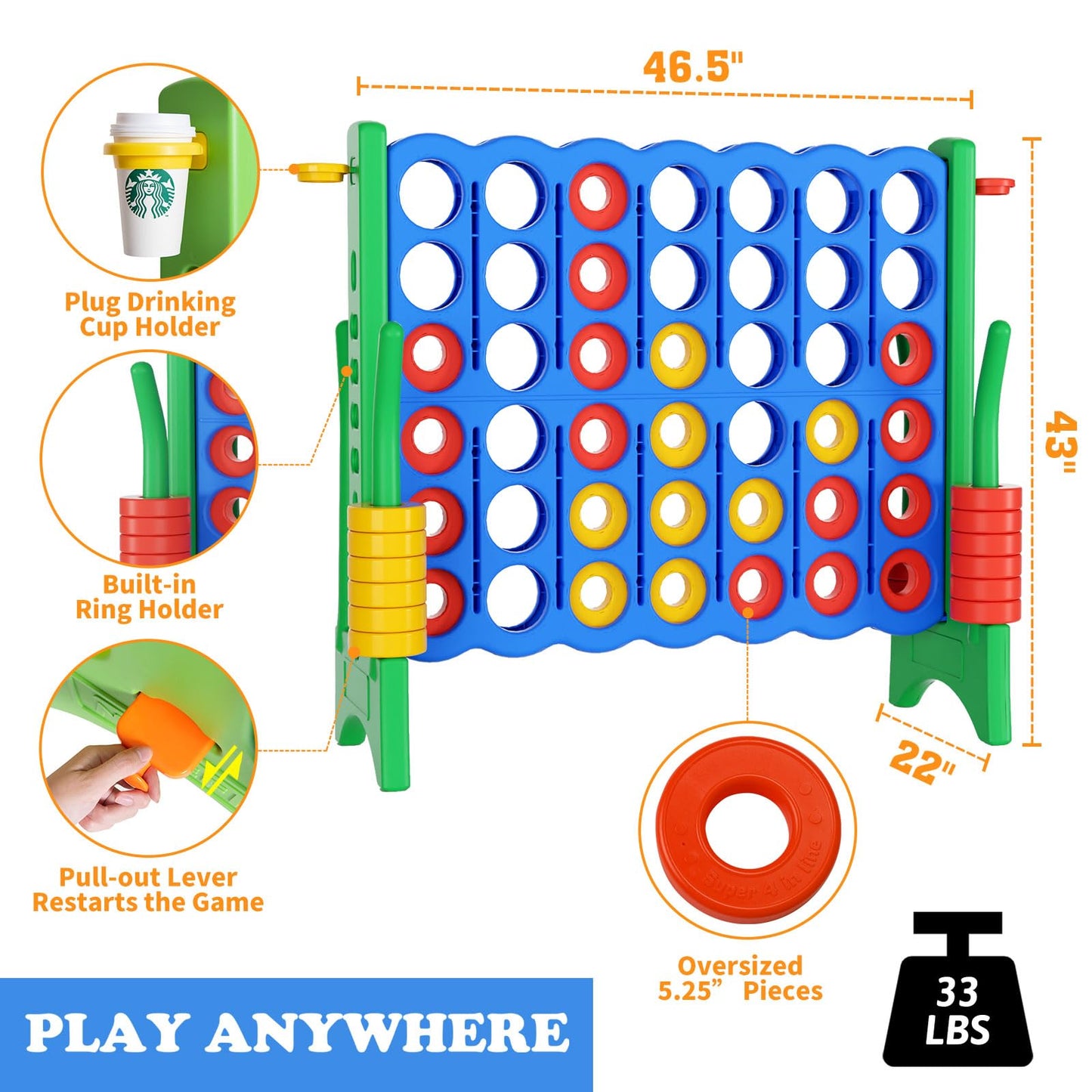 n1keft Jumbo 4 in a Row Game Set,4FT Giant Game Set with Carry Bag&44 Pieces Rings&Cup Holder,Indoor/Outdoor Yard Game for Adults&Kids-Fun Family&Party Game-Boosts-Brain Power (Sky&Ocean Blue)