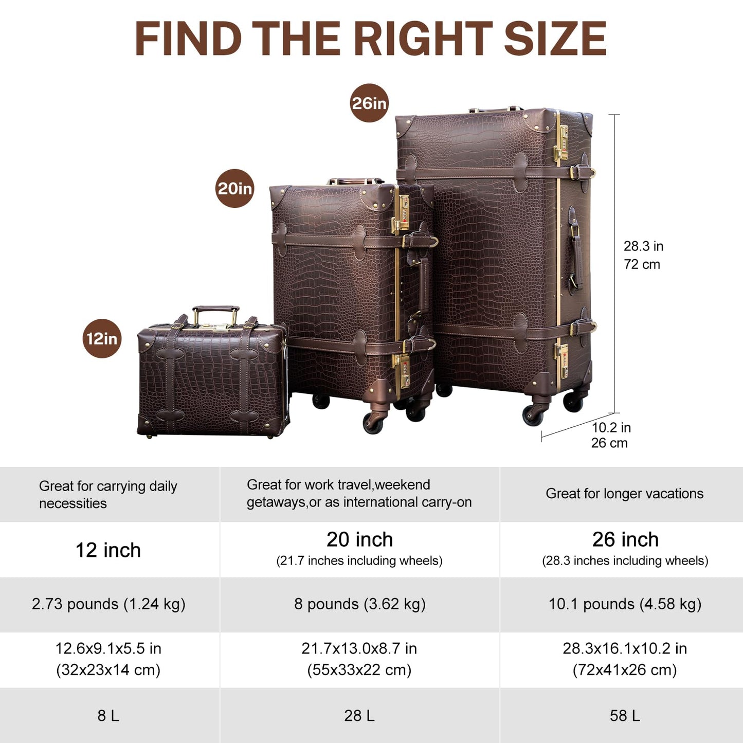 urecity Vintage Luggage Set of 2, Retro Suitcase Trunk with Wheels for Men and Women, Cute Designer Travel Luggage Set with Boarding Tote, Luggage Zipperless TSA Approved (20"+12", Brown)