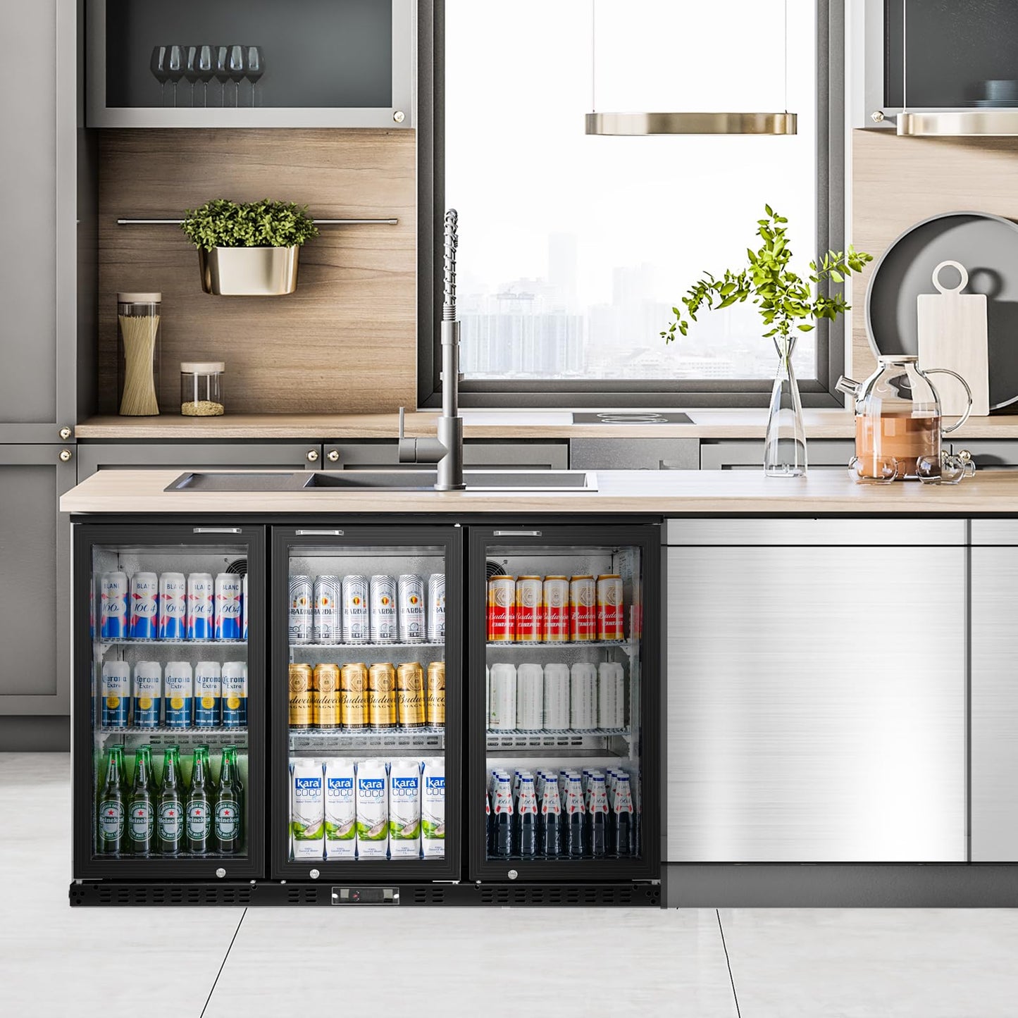 BINGERMA Back Bar Cooler with 3 Glass Doors Under Counter Commercial Beverage Refrigerator 11.5 Cu.ft. ETL Black Drink Fridges for Beer, Wine,Soda, Drinks