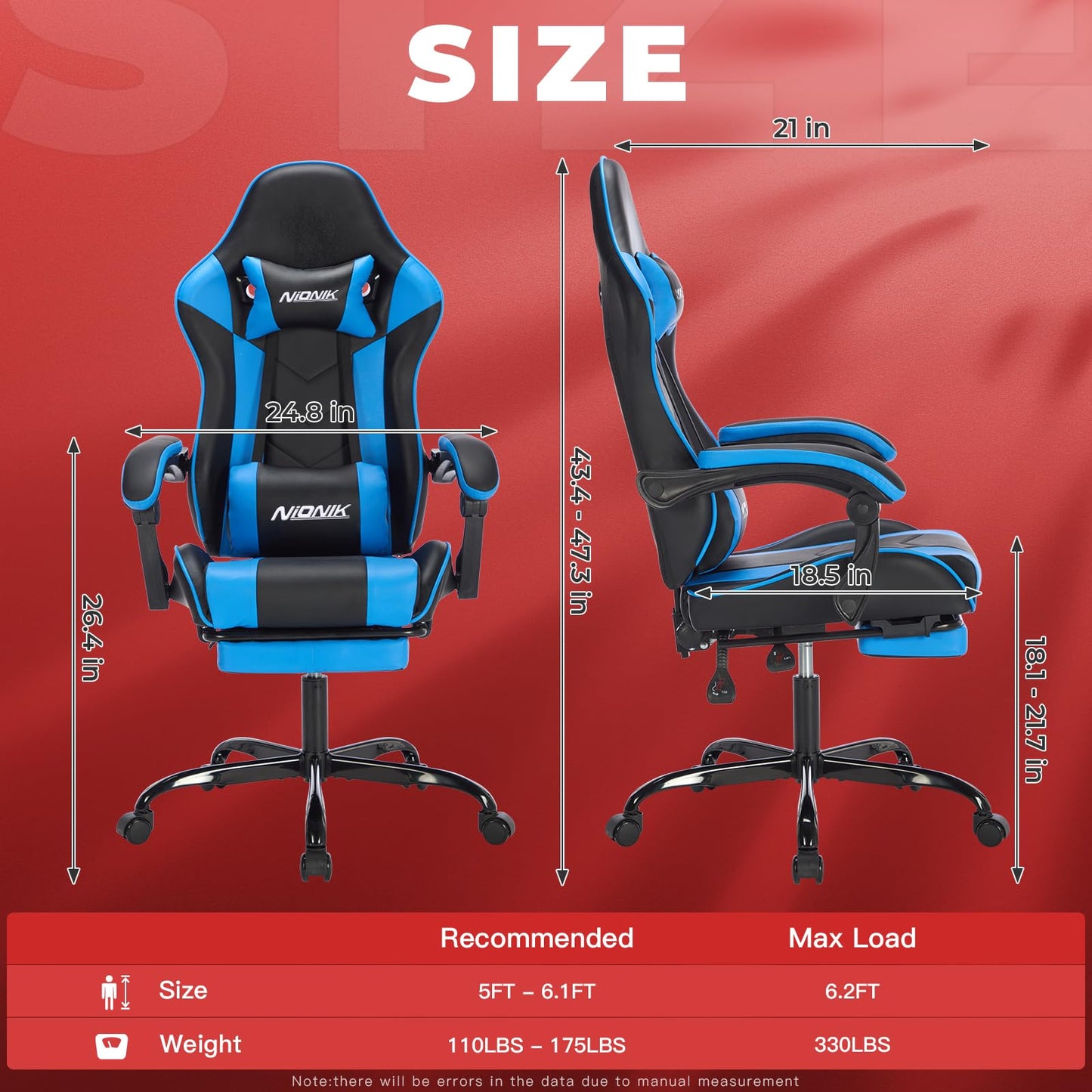 Gaming Chair with Footrest, Ergonomic Computer Chair with Headrest and Lumbar Support, PU Breathable Material Height Adjustable Video Game Chairs for Adults, BlackBlue