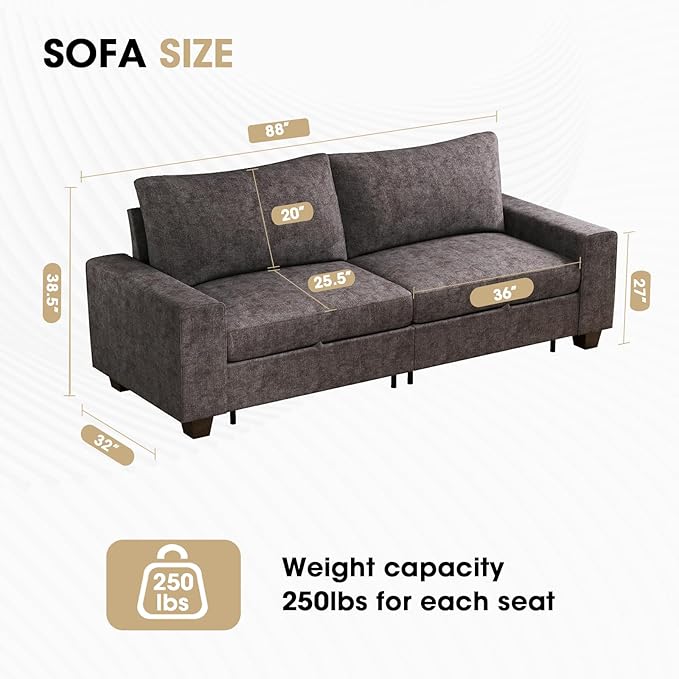 Couchus 88" Upholstered Sofa Couch with Seats Storage, Chenille Fabric Couch for Living Room, Office, Apart W/Deep Seat, Wide Arms, Side Pockets,Removable Cover (Dark Grey)