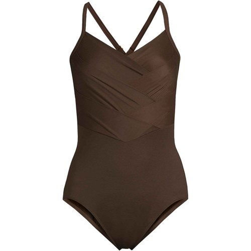 Lands' End Women's Slender Suit V-Neck Pleated X-Back One Piece Swimsuit 16 Rich Coffee