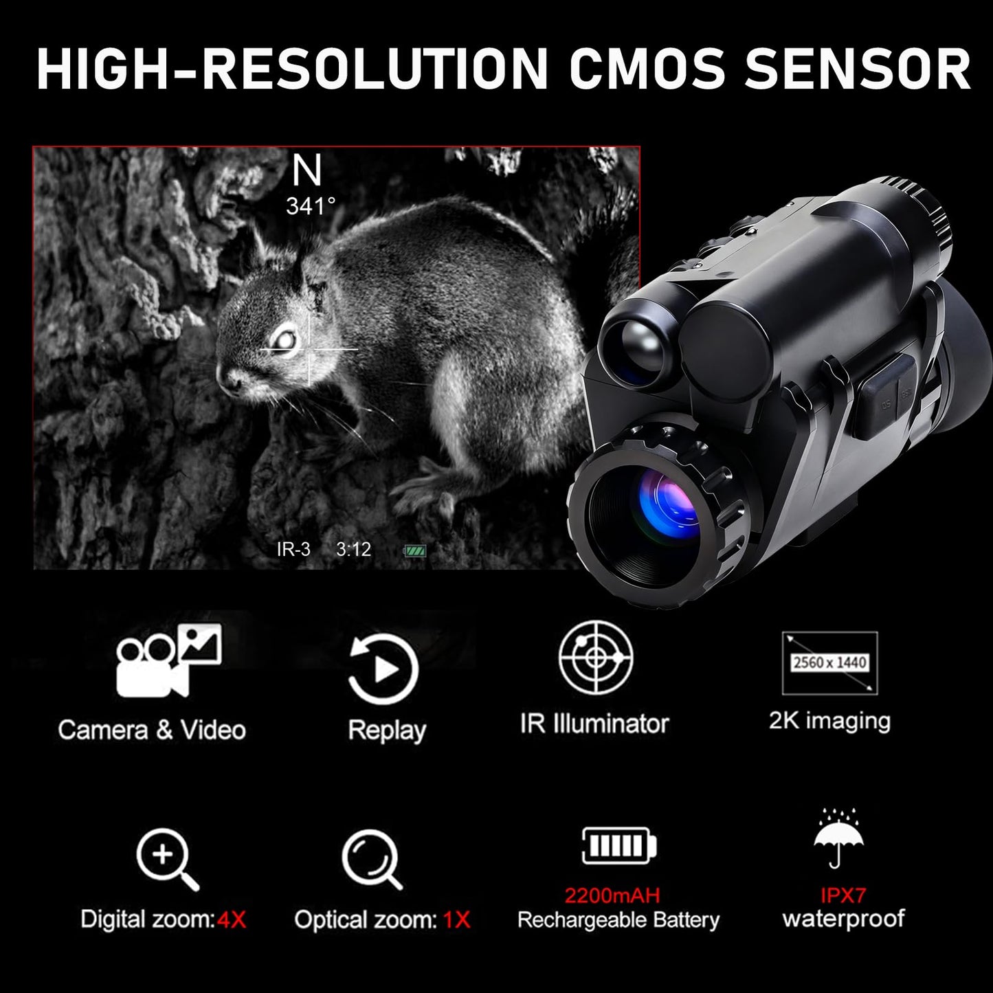 TRV Digital 4X Zoom Night Vision Monocular - Waterproof 2K Night Vision Goggles Head Mounted, for Hunting Wildlife Outdoor Adventures and Camping