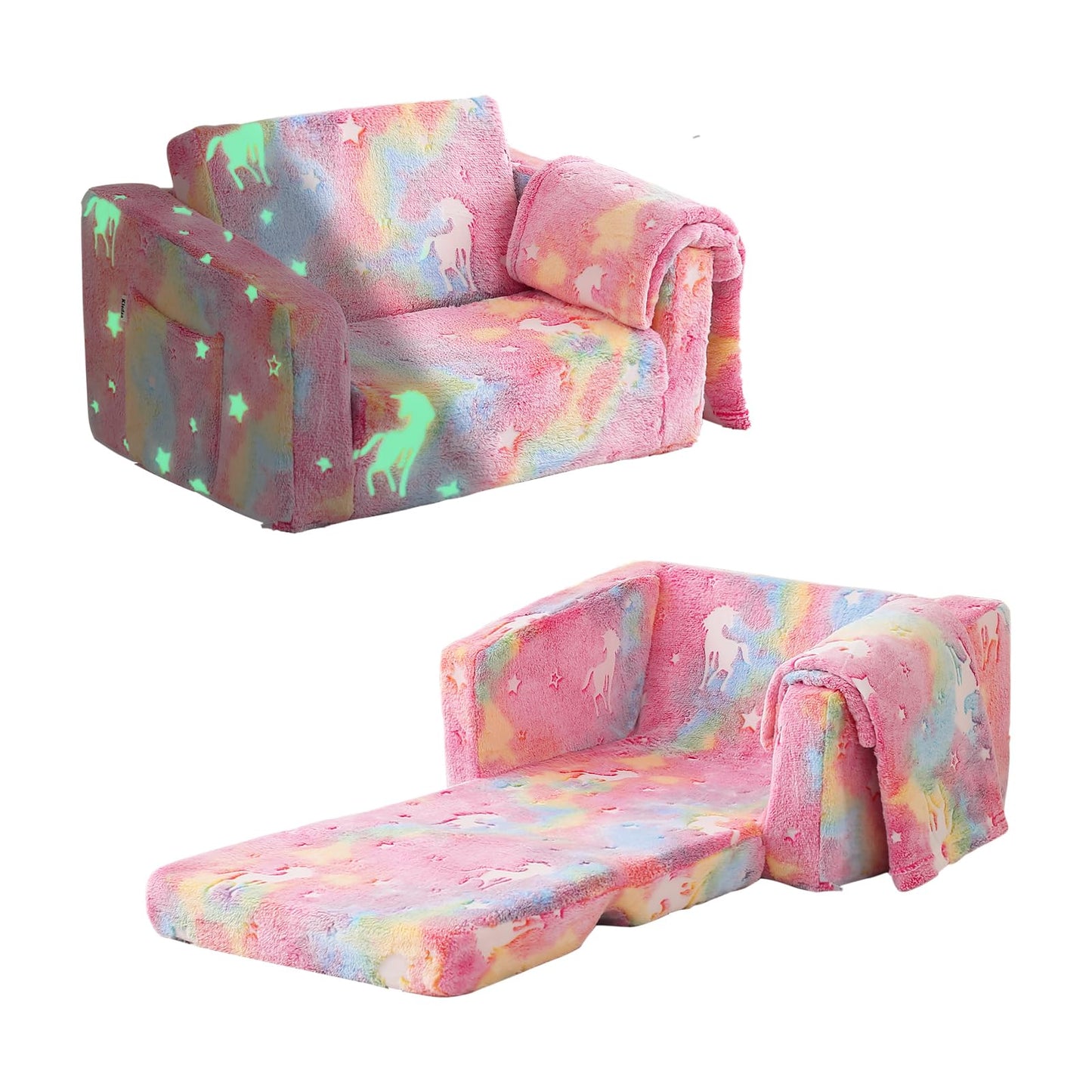 Kisdsa Toddler Couch Fold Out, Foldable Toddler Chair with Blanket, Kids Couch for Girls & Boys, Flip Out Kids Sofa, Convertible Sofa to Lounger for Children Age 1-3 (Glow Pink)