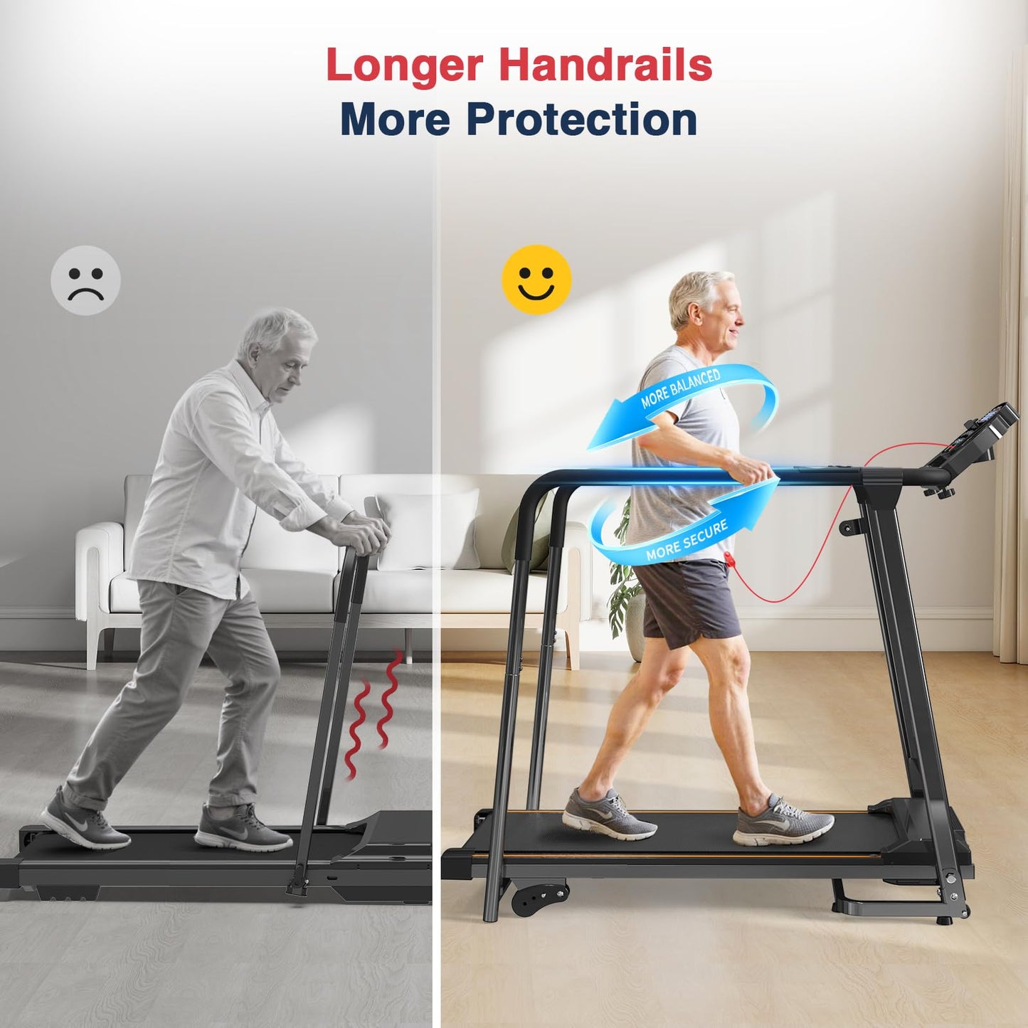 Redliro Treadmill for Seniors with Long Handrails - Foldable Walking Treadmill for Home Small, 300 lbs Capacity, 0-2% Incline, Auto Lube, Mute & Quick Speed Button, Elder Recovery, Cup & Phone Holder