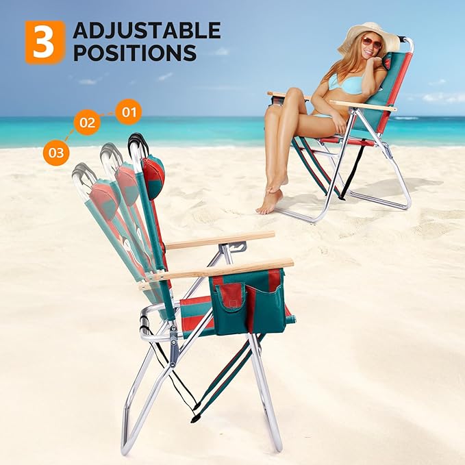 VINGLI Aluminum 17" Backpack Beach Chair – Tall Beach Chairs for Adults, Portable with Adjustable Straps, 3-Position Reclining, Cup Holder, High Lightweight Beach Chairs for Beach