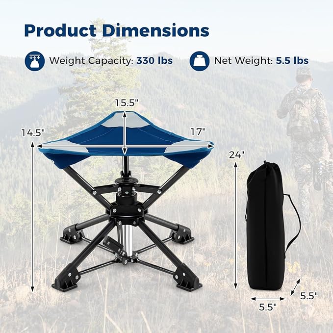 GYMAX 360° Swivel Camping Stool, Portable Folding Stool Seat with Carry Bag, Collapsible & Lightweight for Outdoor Fishing Backpacking Hunting Hiking Travel