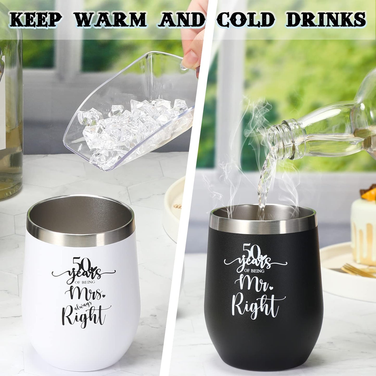 3 Pcs 50th Anniversary Wedding Gifts for Couple Parents Husband Wife Golden Wedding 50th Years of Marriage Heart Keepsake 2 Pcs Insulated Mr and Mrs Wine Glasses Grandparents Gifts from Grandkids