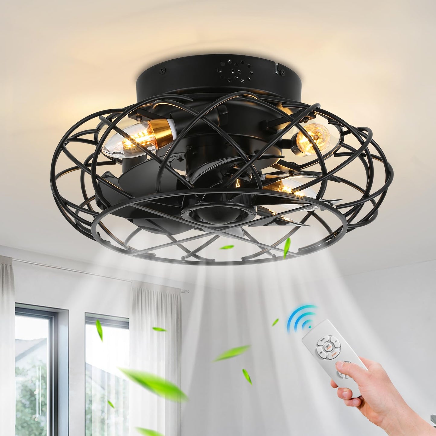 Yyehon Caged Ceiling Fan With Lights And Remote Control, Flush Mount Bladeless Chandelier Fan, 16.1 Low Profile Fandelier For Be