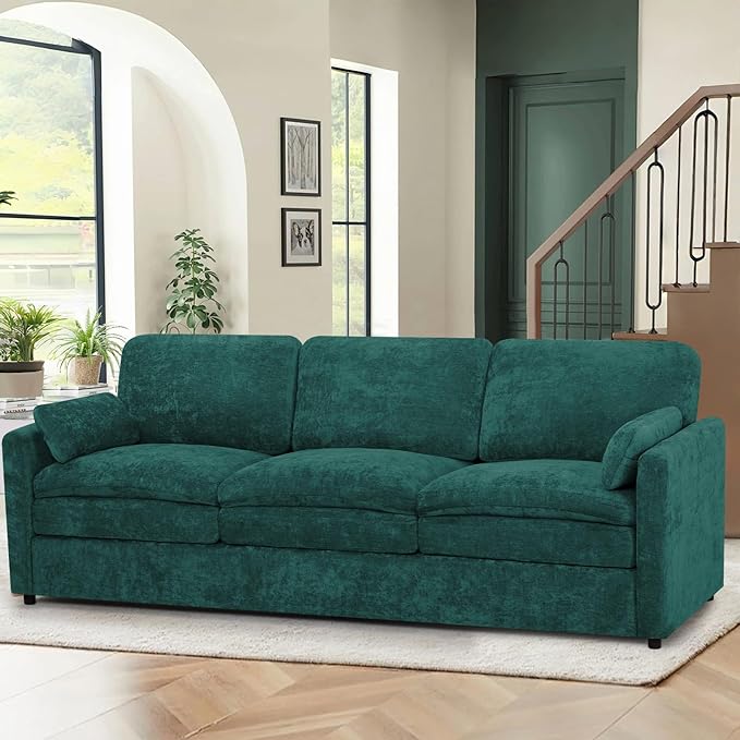 ACMEASE 89” Chenille Sofa w/Arm Pillows, Upholstered 3-Seater Sofa w/Comfortable Back Cushions, Modern 3 Seats Couch w/High-Density Foam for Living Room, Apartment, Office, Teal