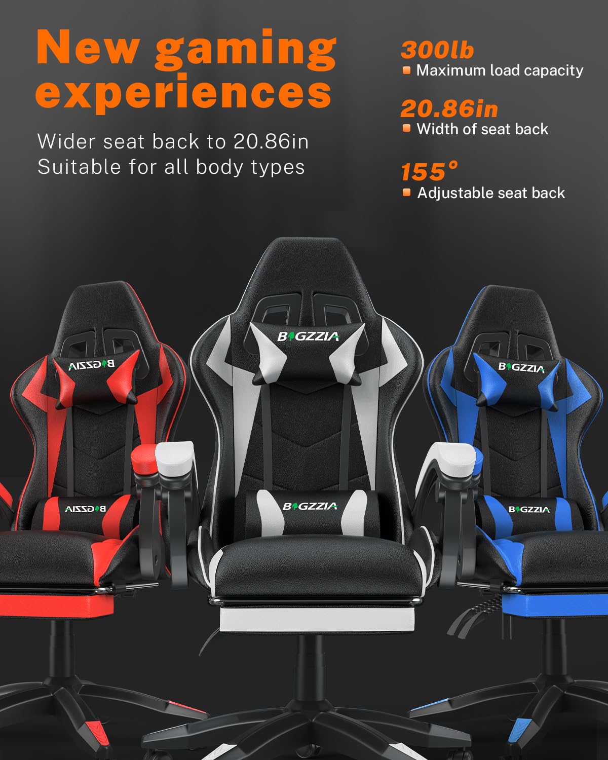Bigzzia Gaming Chair with Footrest, Ergonomic Computer Game Chairs, Headrest and Lumbar Support, Adjustable Height, Reclining, Racing Style, and 360°Swivel Seat, Black/White