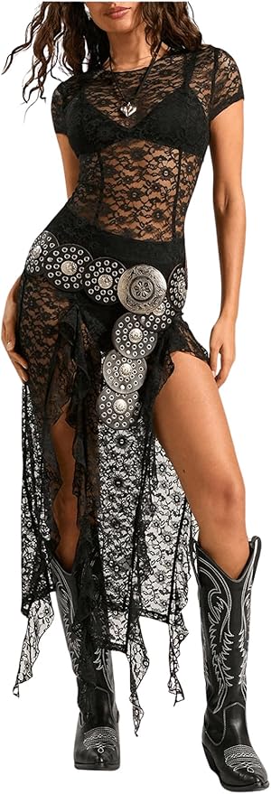 GORGLITTER Women's Sheer Lace Maxi Dress Y2K Goth Festival Outfit Concert Birthday Cocktail Going Out Slimming Dresses