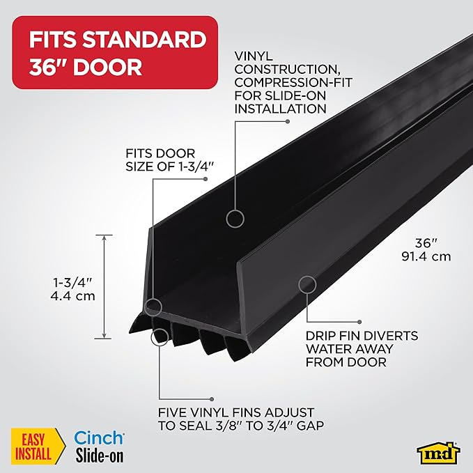 M-D Building Products Vinyl Cinch U-Shape Door Bottom Seal, Slide-On Weatherstripping Draft Stopper, Easy to Install, Fits 36” x 1-3/4” Doors, Fills 3/8”- 3/4” Gaps, 43339, Black