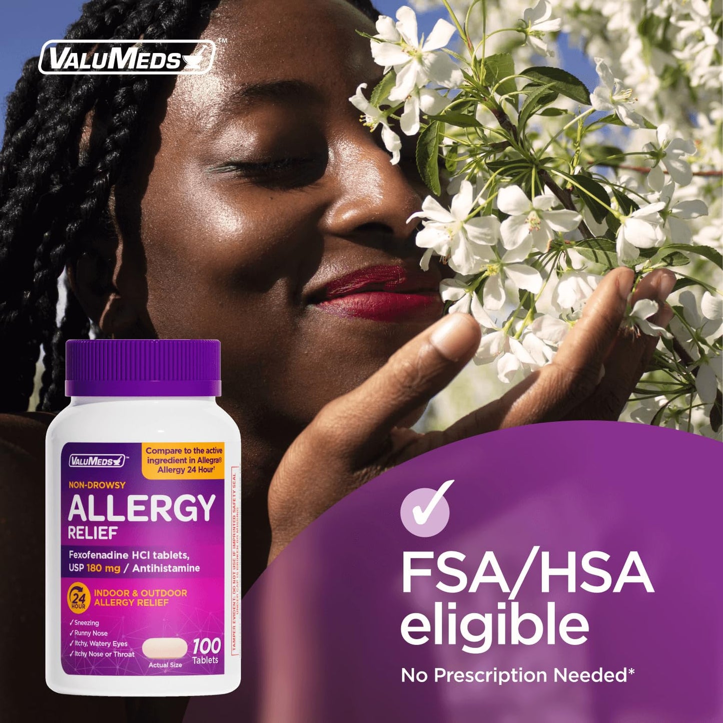 ValuMeds | Compare to Allegra | Fexofenadine HCl 180mg | 24-Hour Allergy Relief, Non-Drowsy Antihistamine Generic Medicine for Allergies, Hay Fever, Itchy Eyes | for Kids & Adults (100 Count)