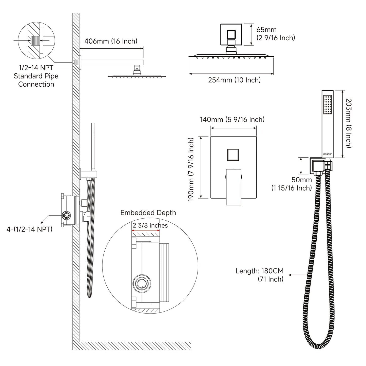 Rain Shower System Sets Faucet: EMBATHER 10 Inch Overhead Rainhead Shower Combo Set With Handheld And Valve-Luxury Modern Mixer Rainfall Brushed Nickel Shower Faucets Sets Complete