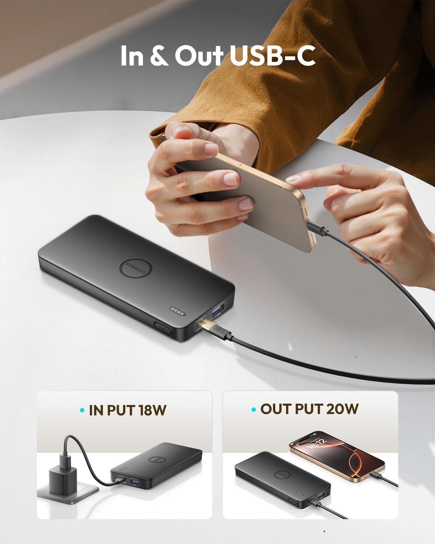 Romoss Portable Charger, Slim 22.5W Fast Charging Power Bank, 10,000Mah Battery Pack With Usb C In&Out For Iphone 16 15 14 13 12