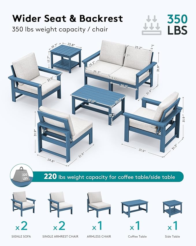 SERWALL HDPE Patio Furniture Set, 7-Piece Outdoor Sectional Sofa Set, All Weather Outdoor Couch Set for Deck, Lawn, Blue Frame with Khaki Cushion