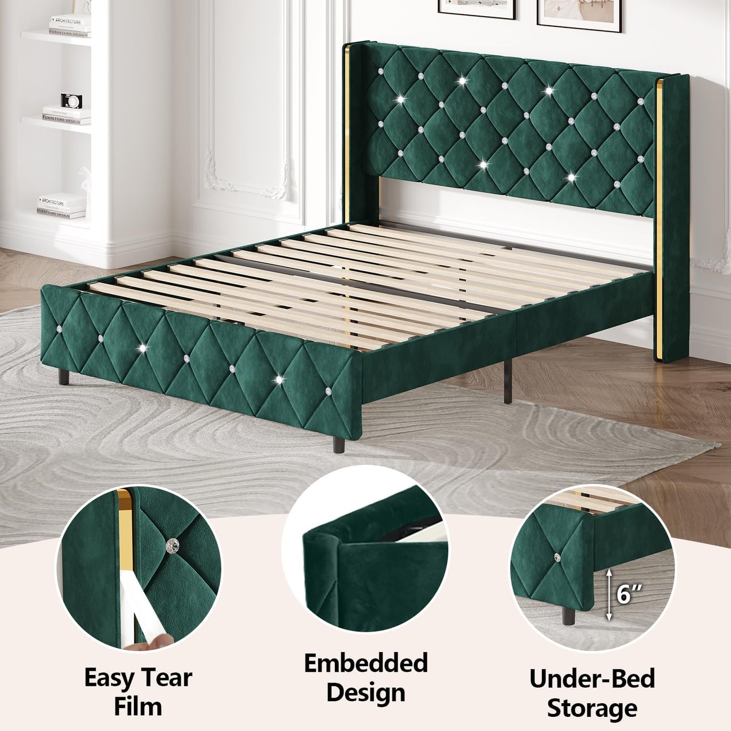 HOMBCK Twin Bed Frame with Headboard and Wingback, Upholstered Bed with Diamond Tufted Design, Kids Bed Frame with Wooden Slats Support, No Box Spring Required, Easy Assembly, Green